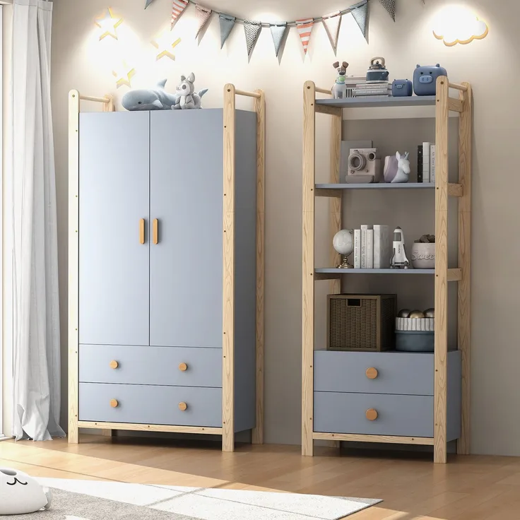 Wohnora-Doppelklappengarderobe, Kombinationsgarderobenset, Garderobe + Regal, Kinderzimmer-Set, Kombinationsmöbel, mit Kleiderstange und Schubladen, Fichtenrahmen, Farbkombination Blau + Naturholz, Höhe 180cm,H 1805cm x T 160cm x B 44cm
