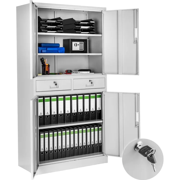 tectake Aktenschrank Büroschrank Cosmo mit 2 Schubfächern 40x80x180cm (Komplettset, 1-St, inkl. 8 Schlüssel) aus pulverbeschichtetem Stahl