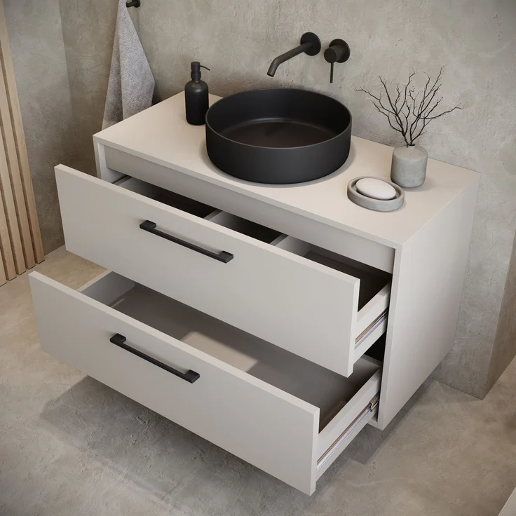 Badplaats Waschtischunterschrank Florence 80 x 46 cm – Beige – Hängender Unterschrank mit 2 Schubladen und schwarzen Griffen – Bild 3