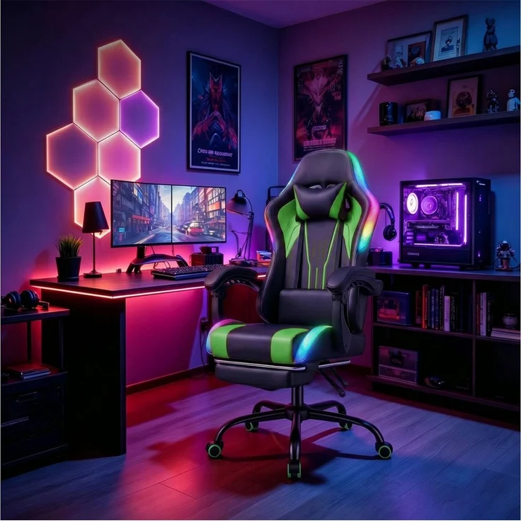 HOMALL Gaming-Stuhl mit LED,Ergonomisch,Fußstütze,computerstuhl,gaming stuhl mit massage, Ergonomischer Bürostuhl,Kopfstütze und Lendenstütze – Bild 2
