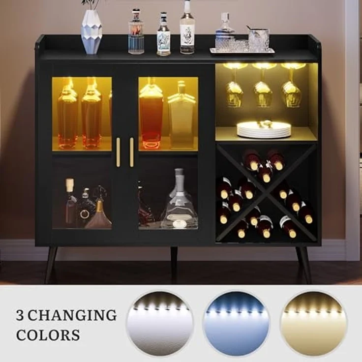 YITAHOME Barschrank mit verstellbaren LED-Lichtern, Kaffeebar mit Weinregal & Haken & Acryl-Türschrank, Küche Buffet Sideboard für Home Bar/Esszimmer/Wohnzimmer, Schwarz – Bild 6