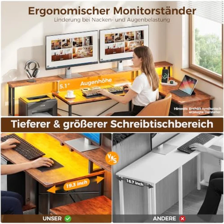 IRONCK Schreibtisch L Form Gaming Tisch mit LED & Steckdosen 2AC+1USB+1C, 189x100cm Eckschreibtisch mit 6 Schubladen&Monitorständer, Reversible Computertisch mit Stauraum für Home Office Vintagebraun – Bild 8