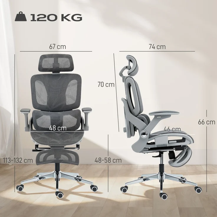 MELAYR, Ergonomischer Bürostuhl, Mesh-Computersessel mit separatem Rücken, Lendenstütze, 74 x 67 x 132 cm, Grau – Bild 5