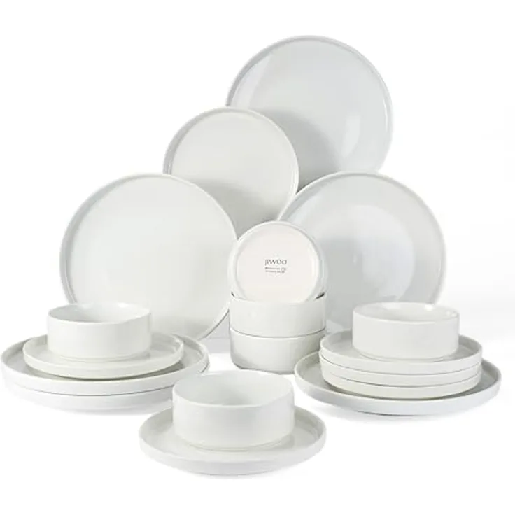 JIWOO Geschirr-Set 18er Tafelservice TellerSet Kombiservice Schüssel Speiseteller Set (18-tlg), 6 Personen, Keramik, Hochwertiges Keramik Geschirr Set Weiß Mikrowellen spülmaschinenfest