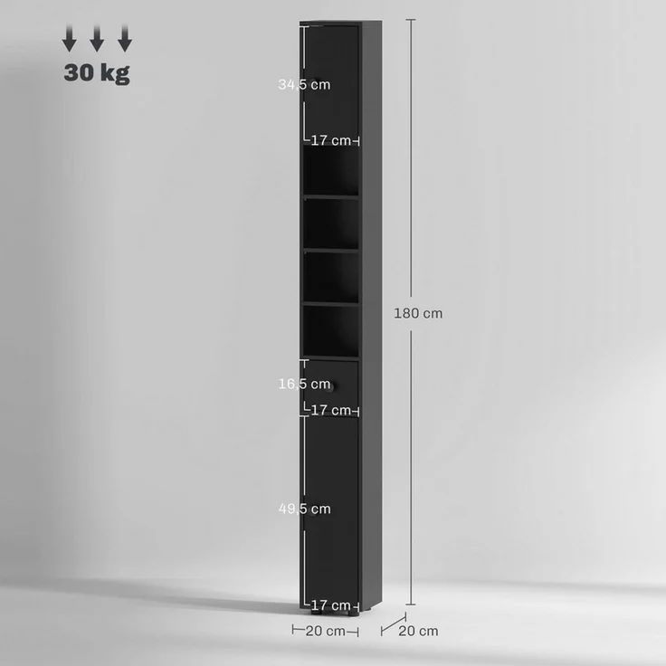 Kleankin Badkommode Hochschrank Toilettenschrank (schmaler Badezimmer-Aufbewahrungsschrank, 1 St, mit Schublade, verstellbaren Regalen), 20 x 20 x 180 cm, Schwarz – Bild 3