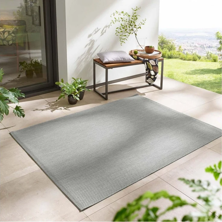 TaraCarpet Outdoorteppich Regina Teppich aus robustem Flachgewebe für In und Outdoor, rechteckig, Höhe: 7 mm, Küche Wohnzimmer Terrasse Garten Balkon uni grau 80x150 – Bild 1