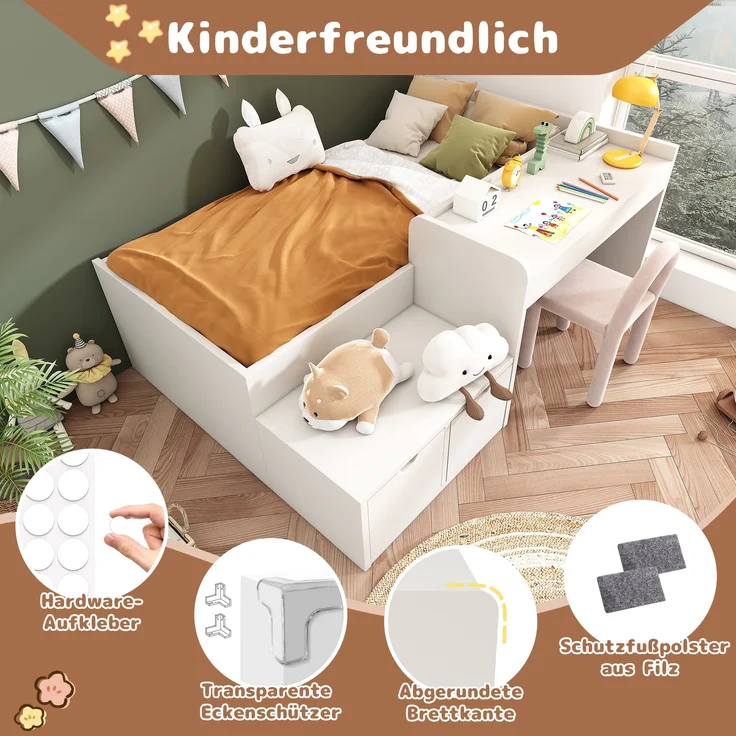 MODFU Kinderbett Schreibtischbett Funktionsbett für Kinderzimmer (Jugendbett, Lernbett, 1-tlg, 90 x 200 cm, Ohne Matratze), mit integriertem Schreibtisch und Schubladen – Bild 7