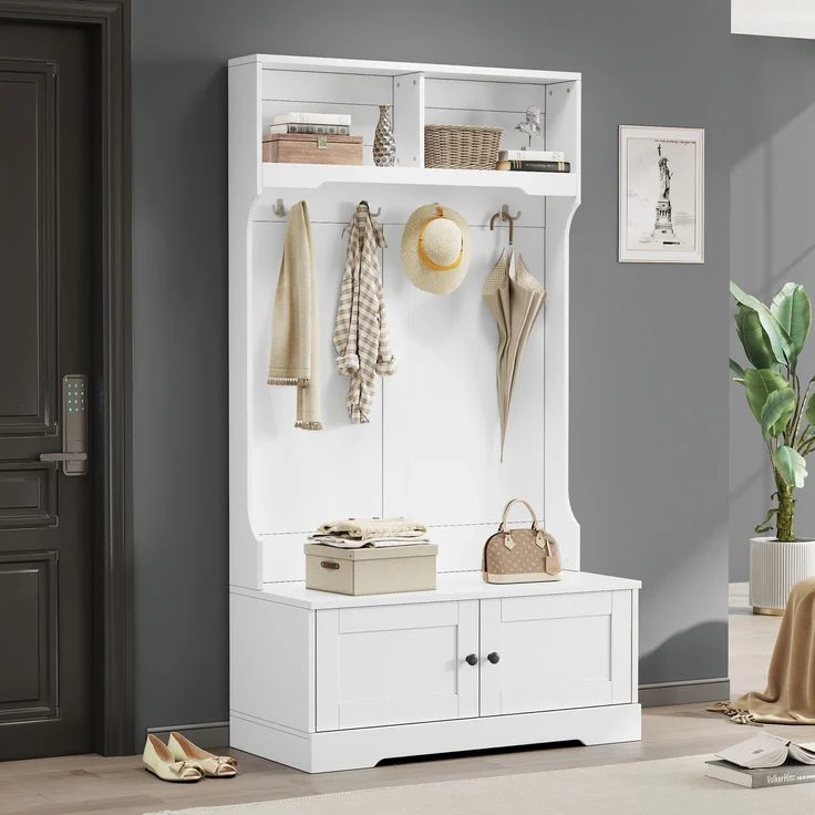 Schrank mit integrierter Sitzbank, Stauraum, Silent Soft-Close Türen, offenen Fächern und 4 Haken – Bild 3