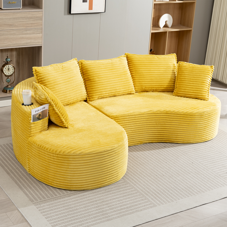LVHOM Ecksofa L-Form, Cloud Sofa mit Tassenhalter und Seitentaschen, 3-Sitzer Sofa aus Cordstoff, kein Aufbau erforderlich, 250x152cm, Gelb