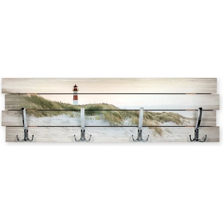 Kreative Feder Wandgarderobe Wandgarderobe "Leuchtturm" aus Holz, im Shabby-Chic-Design farbig bedruckt ca. 30x100cm 4 Doppel-Haken – Bild 1