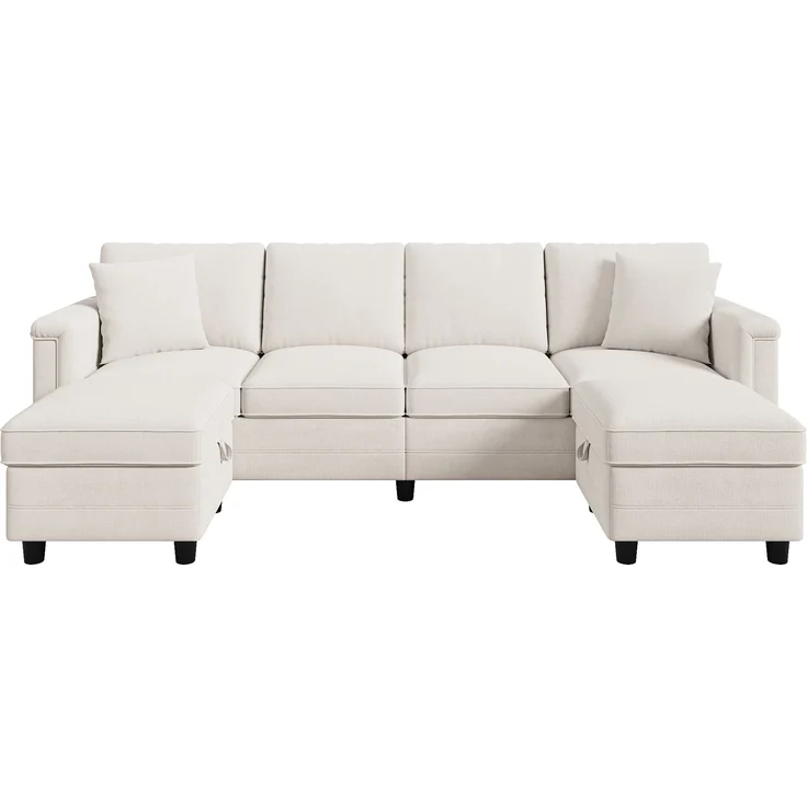 Flieks 4-Sitzer Modulsofa mit 2 Stauraumhockern, USB & USB-C, L- oder U-Form Polstersofa, 261 x 134 x 82 cm, Chenille, Beige – Bild 7