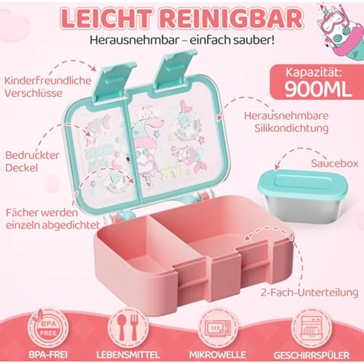 Bundviel Lunchbox Lunchbox Brotdose Kinder mit Fächern Auslaufsichere Bento-Box Brotdose, PP+ABS, (4-tlg, mit Saucenbehälter), spülmaschinenfest, kühlschrankgeeignet und mikrowellenfest – Bild 3