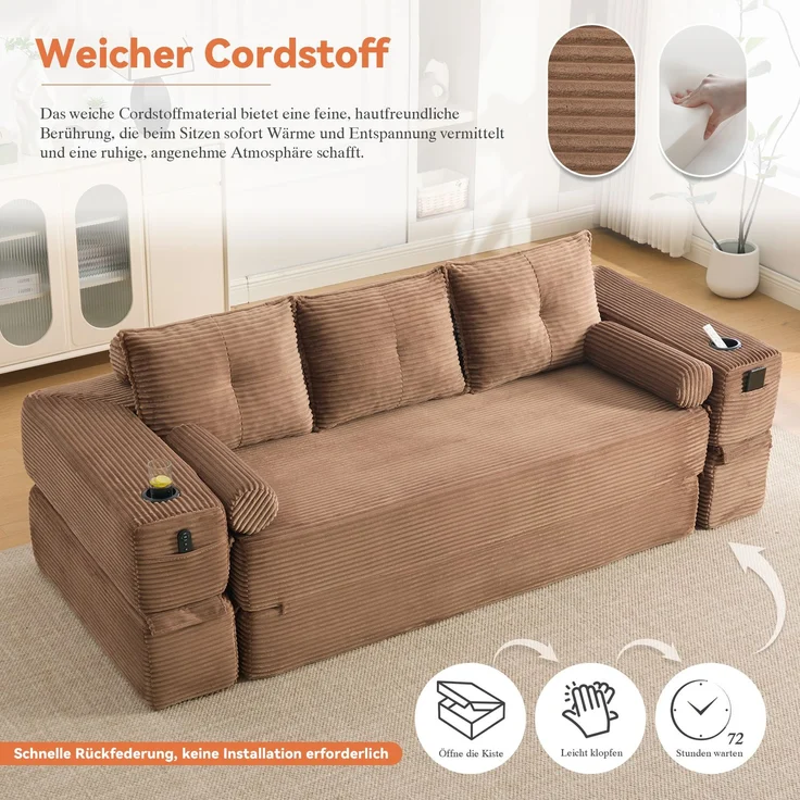 EINHOM Cord-Klappsofa für 3 Pers, hochdichter Schaum-Federkern, formstabil & bequem. Mit Taschen, Getränkehalter, Memory-Kissen + 2 Zierkissen. Vakuumverpackt, schneller Aufbau, für Wohnung & Wohnzimmer – Bild 7