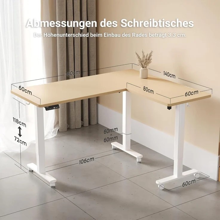 Claiks Eckschreibtisch Höhenverstellbar 160x140cm Dual-Motor L-Form Beige – Bild 3