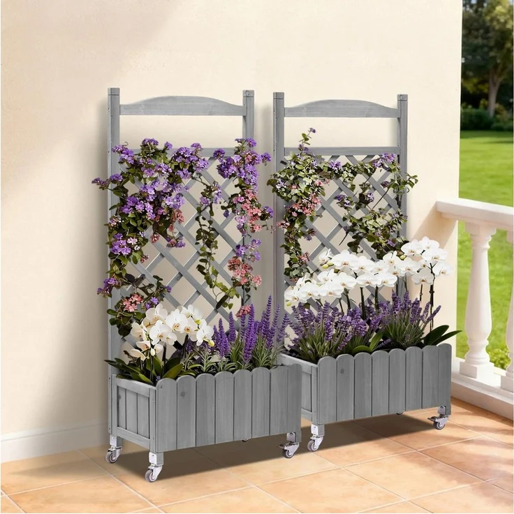 COMHOMA Blumenkasten Rankgitter Pflanzkasten mit Rollen, Holz Hochbeet mit Spalier (2 St), wetterbeständiger Pflanzenkübel mit Drainagelöchern – Bild 1