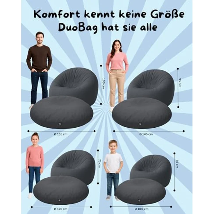 PATCH HOME 2 in 1 Funktion Sitzsack Sessel Bean Bag Sitzsäcke Gaming mit Reißverschluss bereits befüllt - Ø 125cm -Anthrazit – Bild 3