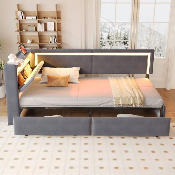 STILVORA Schlafsofa 90x200 mit Matratze und Stauraum Schlafsofa Daybett mit LED und USB, mit LED-Beleuchtung, Kinderbett inklusive Aufbewahrungsschublade, Samtstoff Polsterbett, Daybett 90x200 cm, ohne Matratze