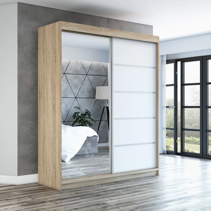 Schwebetürenschrank GAP 2-türig Schrank 160 cm (mit Spiegel) Farbe: Sonoma, weiß – Bild 2