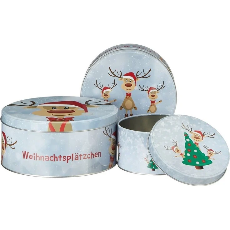 Spetebo Keksdose Metall Gebäckdose 3er Set - RENTIER OLE, Metall, (Set, 3-tlg, 3-teilig), Weihnachts Gebäckdose Keksdose aus Metall stapelbar – Bild 3