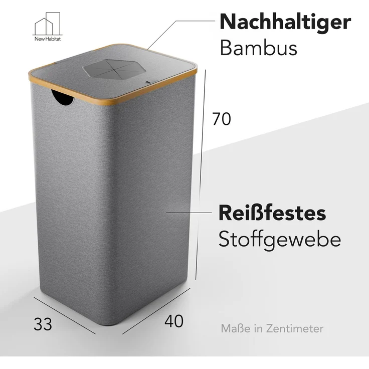 NewHabitat Pfandflaschen Sammelbehälter 70 × 40 × 33 cm – 100 L Recyclingbehälter mit Bambusdeckel & waschbarer Tragetasche für 30–40 Flaschen, Grau – Bild 3