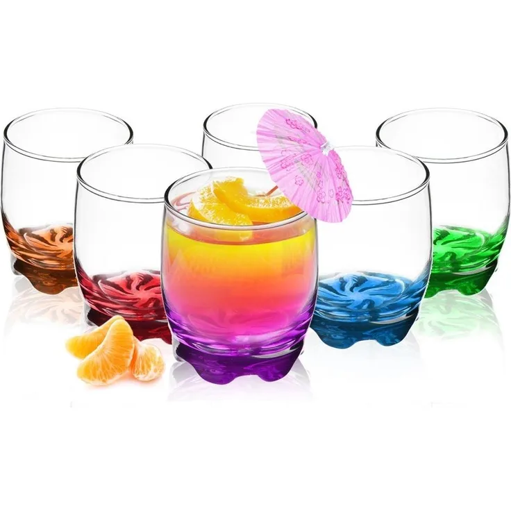 6 Trinkgläser mit buntem Boden 250ml, Soft-/ Longdrink-/ Saftgläser