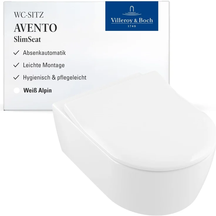 Villeroy & Boch Avento SlimSeat WC-Sitz - Toilettendeckel mit Absenkautomatik - Abnehmbarer, bruchsicherer Toilettensitz aus Duroplast - Ersatzteil - Klodeckel in D-Form - Weiß Alpin, glänzend – Bild 1