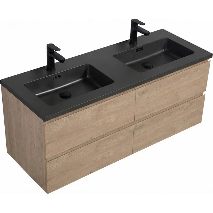Badplaats Badmöbel Set mit Waschbecken und Unterschrank Angela 140 x 48 cm Kastanien Eiche - Waschbeckenunterschrank mit Soft-Close und Schwarze Doppelwaschbecken – Bild 2