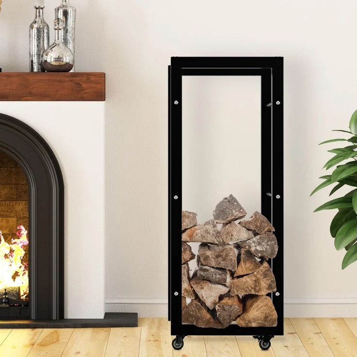 DELUKE® Kaminholzregal innen Metall SATLO - mit Rollen Brennholzregal innen Kaminholzständer Kaminholzhalter Feuerholzregal Innen Schwarz, 25x40x100cm – Bild 2