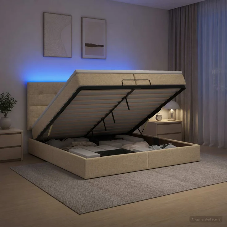 vidaXL Ottoman-Bett mit Matratze und LED Creme 200 x 200 cm Stoff 3458102 – Bild 1