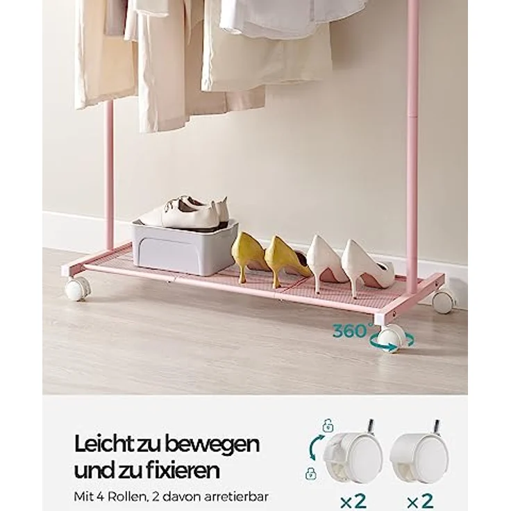 SONGMICS Kleiderständer, Kleiderstange auf Rollen, Garderobenständer Metall, Rollgarderobe 91 cm breit, mit Ablage, 2 Rollen mit Bremse, Garderobenstange bis 40 kg belastbar, pastellrosa HSR025P01 – Bild 8