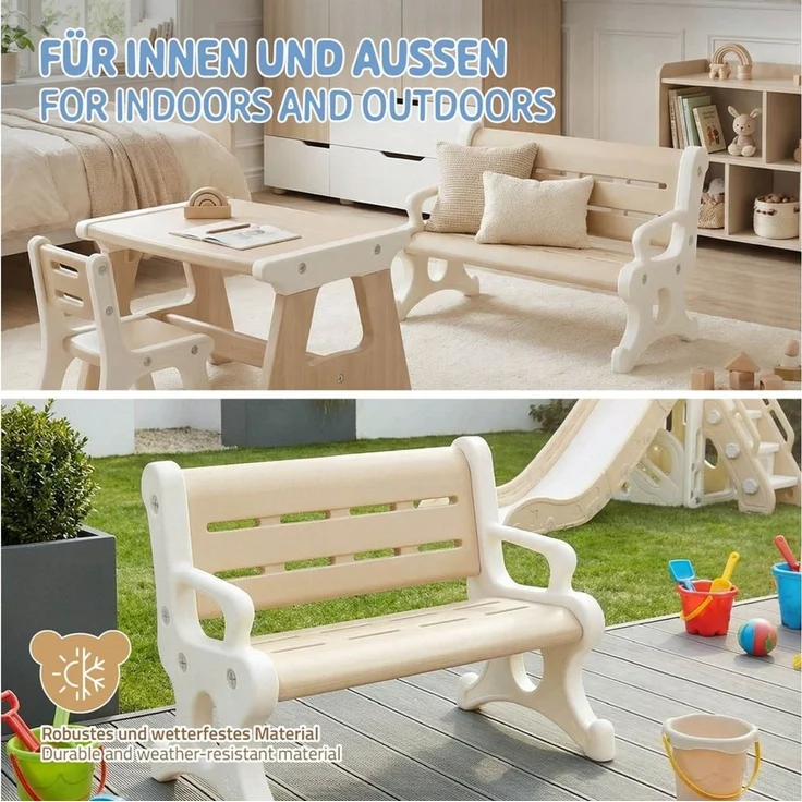 Joyz Kinderstuhl Kindersitzbank Outdoor aus Kunststoff, Sitzbank für Kinder ab 3 Jahre, Kleine Bank Braun-Weiß Kinderbank wetterfest mit Armlehnen Kippschutz – Bild 4