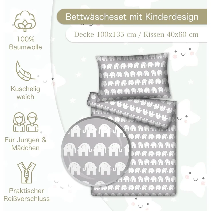 KiGATEX Kinderbettwäsche Kinderbettwäsche Elefanten 100% Baumwolle 40x60 + 100x135 cm – Bild 2