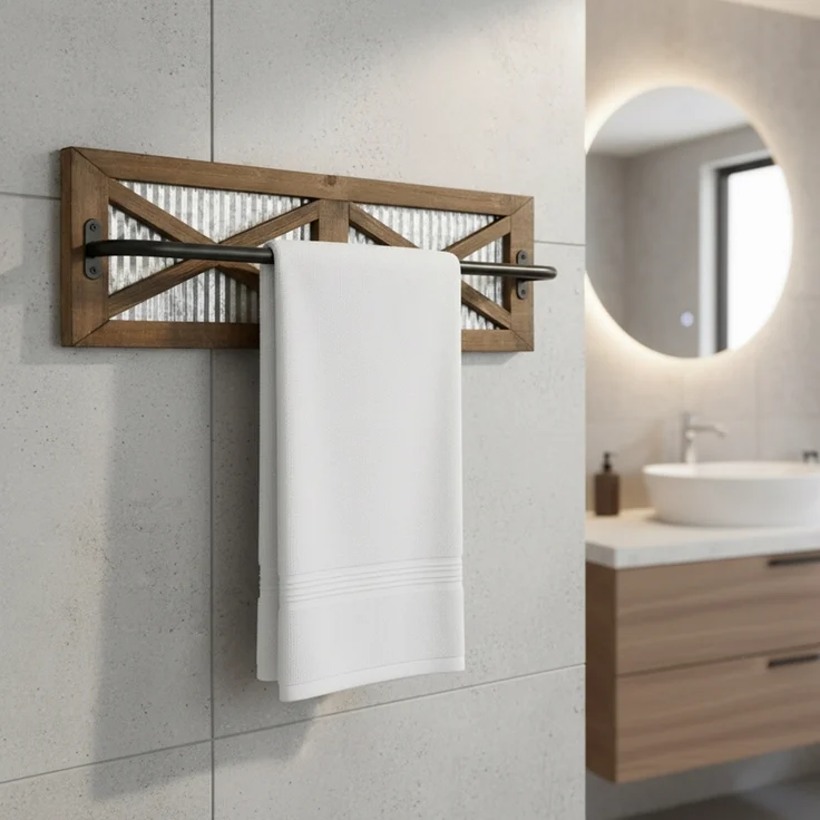 Handtuchhalter Groß braun 60 x 15 Massivholz Verzinktes Metall Küche Bad – Bild 1