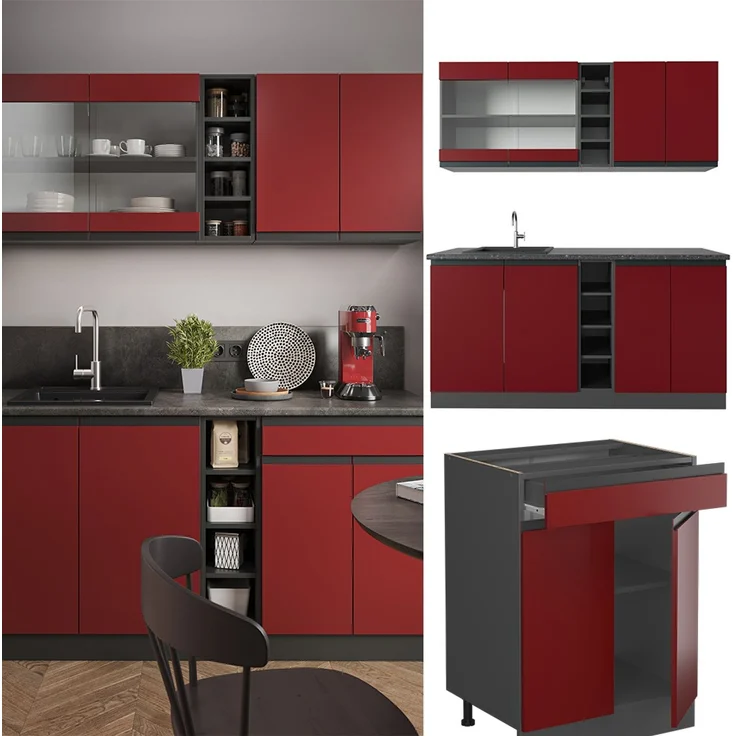 Singleküche R-Line Rot/Anthrazit 160 cm J-Shape, AP Eiche Vicco – Bild 2