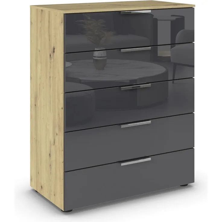 Rauch Möbel Flipp, Kommode für Schlafzimmer, Kinderzimmer, Wohnzimmer, Jugendzimmer, Flur, Garderobe, 5 Schubladen, mit Softclose Funktion, Farbe Eiche Artisan, Holz/Glas basalt, Schwarz, Breite 80 cm