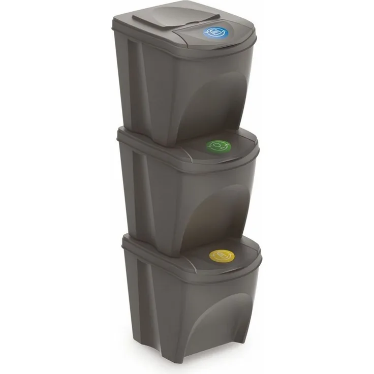 Spetebo Mülleimer Sortibox - 3er Set Mülleimer 25 L steingrau, Stapelbares Müll Trennsystem