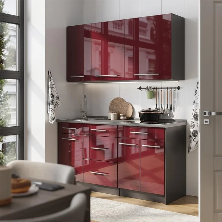 Singleküche Fame-Line Bordeaux Hochglanz/Anthrazit 150 cm, AP Eiche Vicco – Bild 2