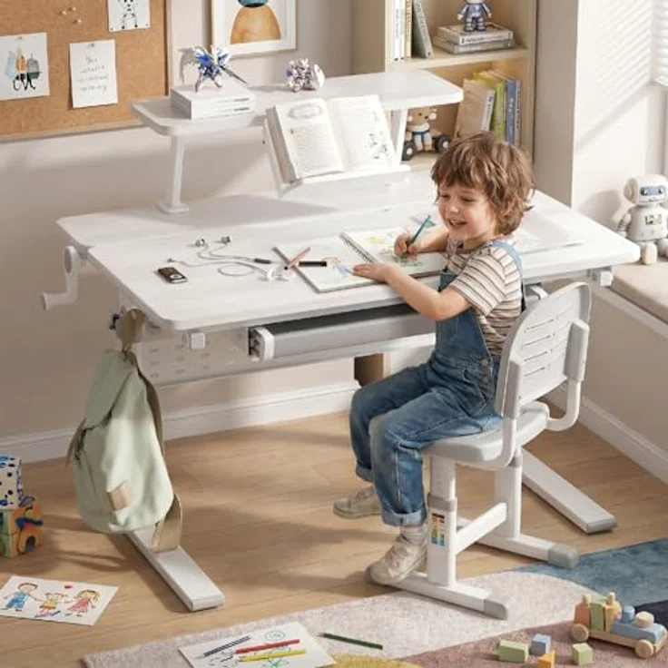 Ergo Office Kinderschreibtisch ER-483, ergonomisch mit Höhenverstellung 54-76 cm und Neigungsverstellung bis 40°, inkl. Ablage und Schublade – Bild 10