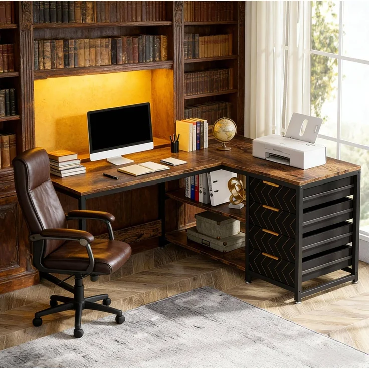 Eckschreibtisch aus Holzwerkstoff mit 4 Schubladen und Regal, 150x110x75 cm, Schwarz/Rustikales Braun – Bild 7