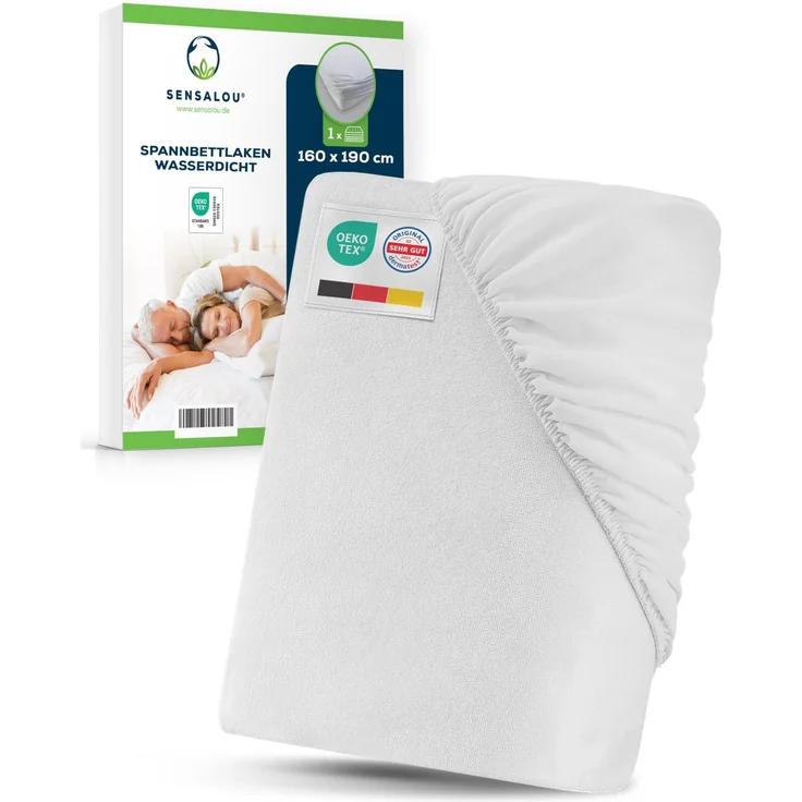 Sensalou Spannbettlaken Wasserdicht 160x190 cm – Inkontinenz Matratzenschutz-Bezug für Doppelbett – Weiches Spannbetttuch – Waschbar bei 95 °C – für Matratzen bis 25 cm Höhe – Atmungsaktiv & Leise