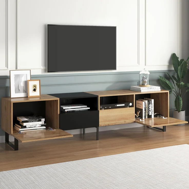 TV-Lowboard 190 cm mit Türen und Schubladen, moderner Fernsehtisch in Schwarz und Holzoptik – Bild 8