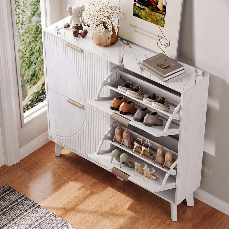 ZUBALIYA Schuhschrank (105 x 24 x 95,5 cm), 4 Klappfächer, Strukturierte Fronten, Stauraum für Flur und Eingangsbereich, Weiß – Bild 6