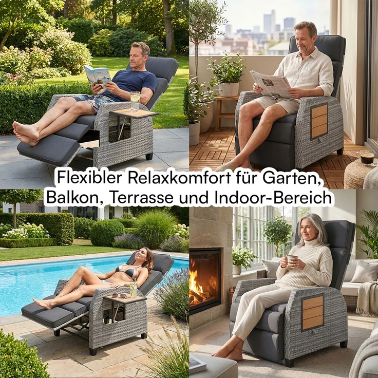 STEELSØN 'Caelum' Polyrattan Sessel mit Liegefunktion, grau-meliert/Akazie, verstellbare Rückenlehne, inkl. Polster, Ausklapptisch, wetterfest, 2er Set – Bild 10