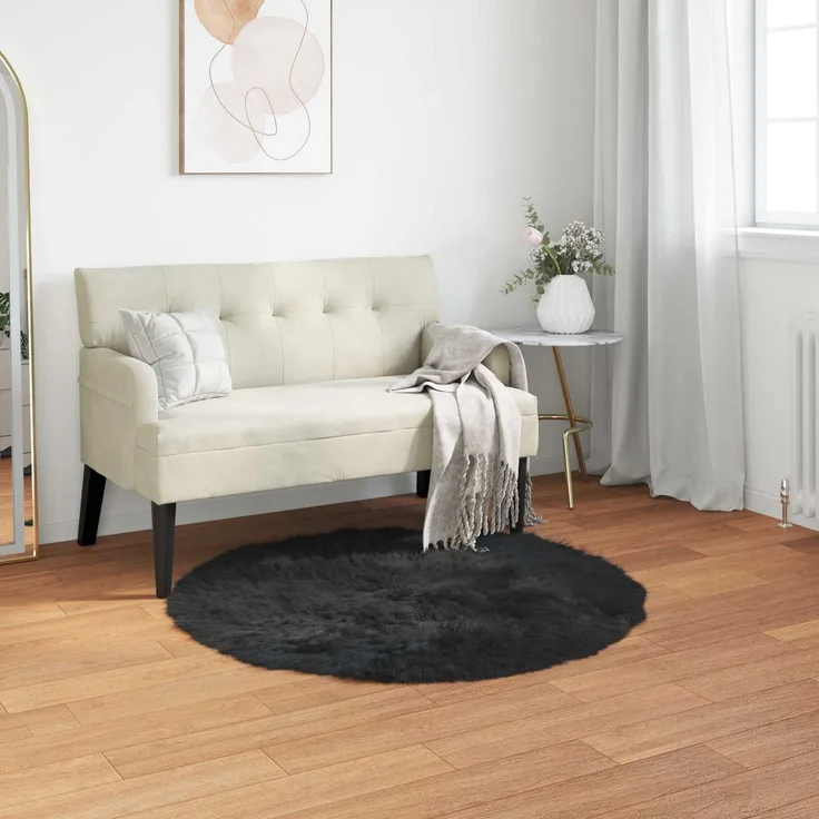 vidaXL Teppich aus Kunstschaffell TAFALLA Schwarz Ø 100 cm Polyester 42021580