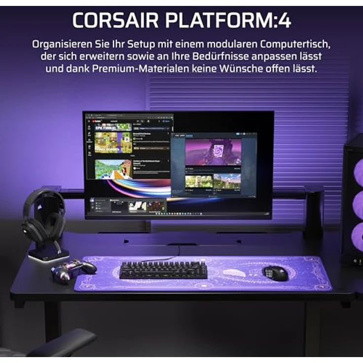 Corsair Platform:4 – Stehender Computer Home Office Gaming-Schreibtisch, USB-Anschluss, Monitorarm Inbegriffen – Schwarz – Bild 2