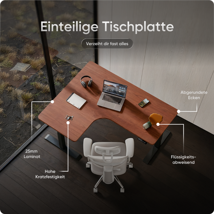DESKSPACE CORNER Schreibtisch, Elektrisch höhenverstellbar, 160 x 130 x 70 cm, Mahagoni Tischplatte, Schwarzes Gestell – Bild 8