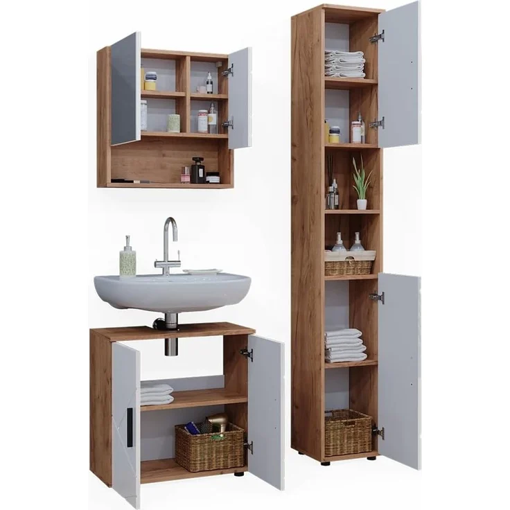 Badmöbel-Set Irma Weiß Hochglanz/Goldkraft Eiche 3 Teile, mit Hochschrank Vicco – Bild 7