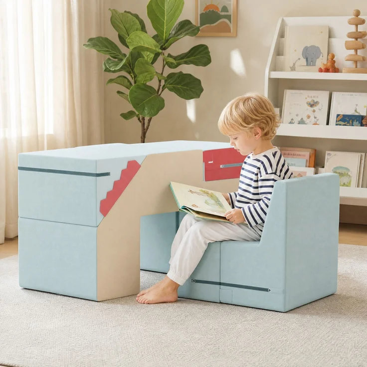 2-teiliges Schaumstoff-Bausteine ​​​​für Kleinkinder mit abnehmbaren Bezügen, Indoor-Kletter- und Krabbelspielset, Blau--Mehrfarbig--44x39x79cm--CHENHAONING – Bild 4