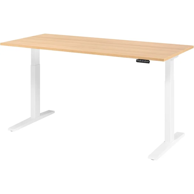 bümö elektrisch höhenverstellbarer Schreibtisch 180x80 cm in Eiche, Gestell weiß - Sitz & Stehschreibtisch mit Memoryfunktion, elektrischer Stehtisch & Gaming Tisch, XMKA-Serie, XMKA19-E-W