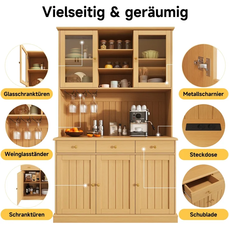 EINHOM Buffetschränke, Esszimmer-Hochschrank 120 x 40 x 191 cm, mit Glastüren, Gläserhalter, Mehrstufigem Stauraum, Integrierter Steckdose sowie USB-C- und USB-A-Anschlüssen, Naturfarbe – Bild 7